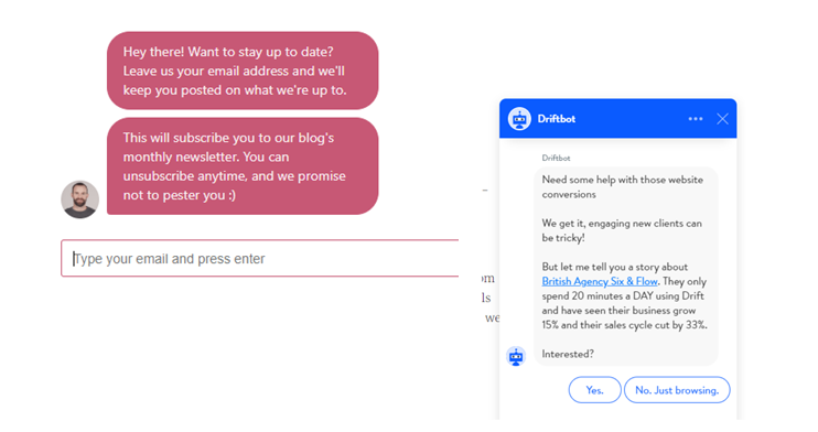 chatblot - drift - hubspot - exempel på cta call to action